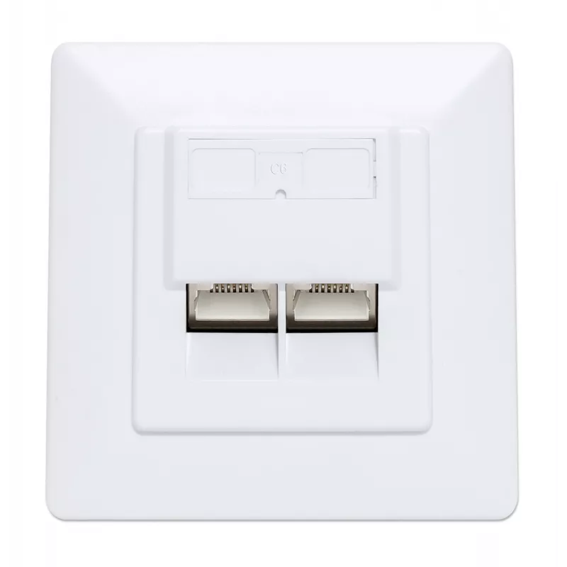 Intellinet 2-Port Cat6 10G geschirmte RJ45-Wanddose, Unterputzmontage mit Abdeckrahmen, STP, Signalweiß RAL9003