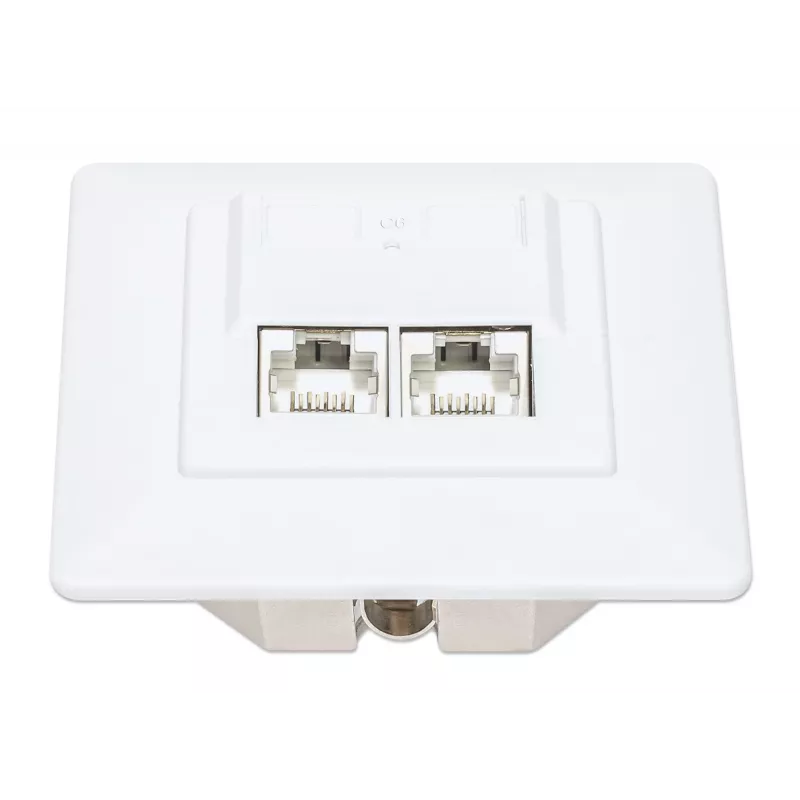 Intellinet 2-Port Cat6 10G geschirmte RJ45-Wanddose, Unterputzmontage mit Abdeckrahmen, STP, Signalweiß RAL9003