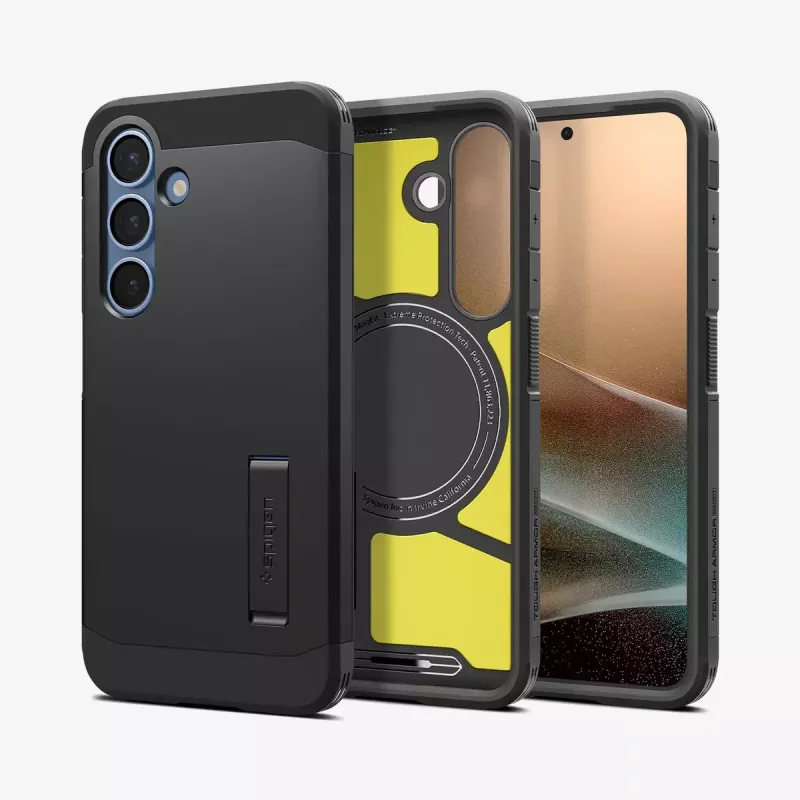 Spigen Galaxy S25 Hülle Tough Armor AI Schwarz Cover mit Tischständer