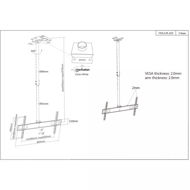 Manhattan Deckenhalterung für Fernseher & Monitore, Für Bildschirme: 37 Zoll bis 75 Zoll, Einstellbare Höhe: 105-156 cm, VESA-Kompatibilität: alle zwischen 200x200 und 800x400mm - überprüfen Sie die Abmessungen der vier Befestigungslöcher auf der Rückseite des Bildschirms, um sicherzustellen, dass sie passt, Max. 50kg, LFD,Halterung