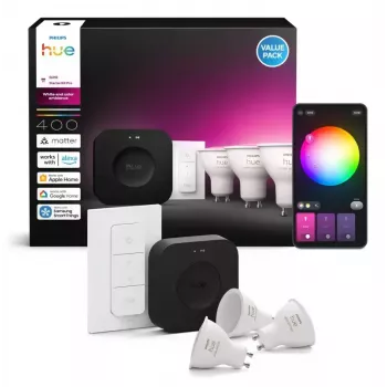 Philips Hue White and Colour Ambience Starterkit: 3 GU10-Leuchtmittel + Dimmschalter + Bridge Pro