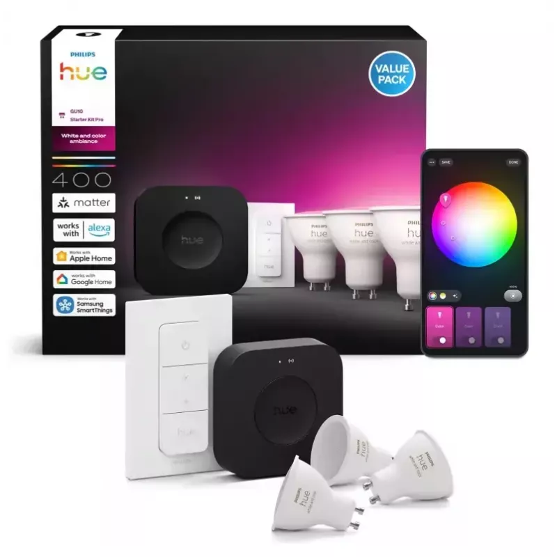 Philips Hue White and Colour Ambience Starterkit: 3 GU10-Leuchtmittel + Dimmschalter + Bridge Pro