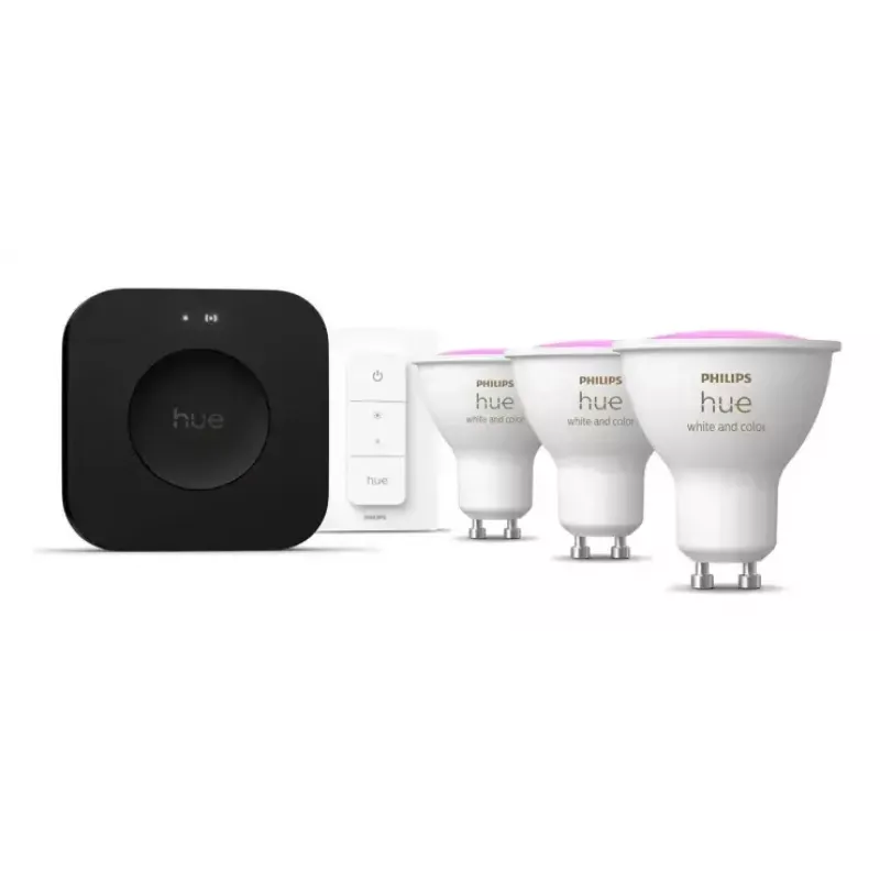 Philips Hue White and Colour Ambience Starterkit: 3 GU10-Leuchtmittel + Dimmschalter + Bridge Pro