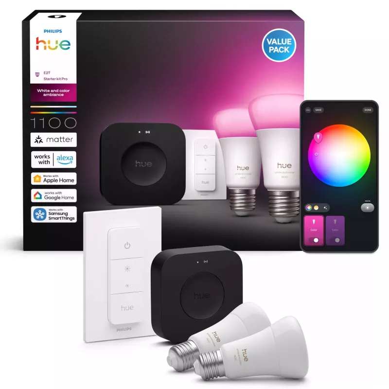 Philips Hue White and colour ambience Starterkit: 2 E27 Smart-Lampen + Dimmschalter + Bridge Pro