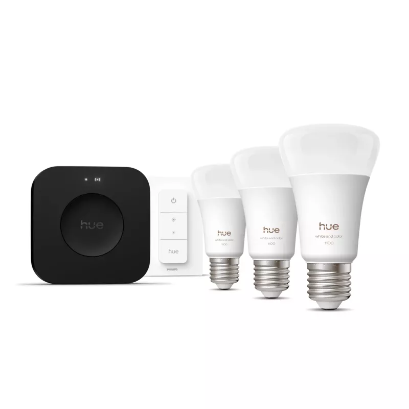 Smart-Lichtset Philips Hue White and Colour Ambience Starter Kit — 3 E27 Smart-Lampen, Dimmschalter, Bridge Pro, Bluetooth/Zigbee