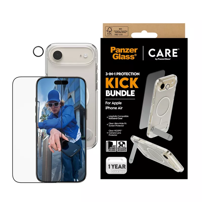 Schutz-Bundle PanzerGlass CARE 3-in-1 Feature Kick für iPhone Air — gehärtetes Glas, PET, Silikon, transparent
