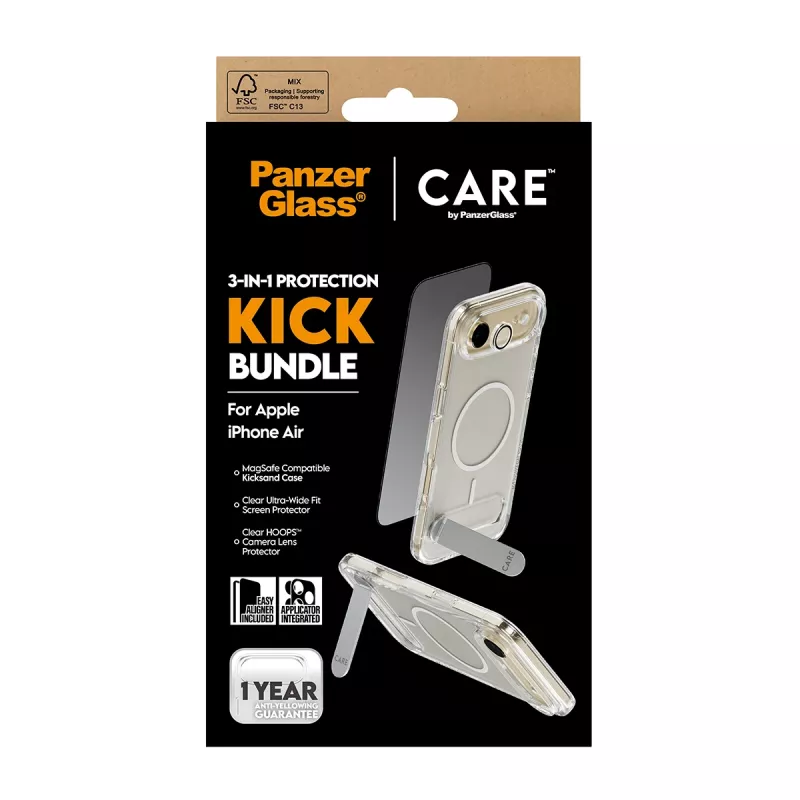 Schutz-Bundle PanzerGlass CARE 3-in-1 Feature Kick für iPhone Air — gehärtetes Glas, PET, Silikon, transparent