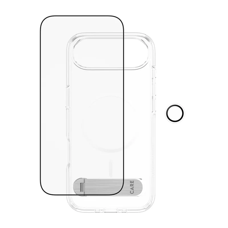 Schutz-Bundle PanzerGlass CARE 3-in-1 Feature Kick für iPhone Air — gehärtetes Glas, PET, Silikon, transparent