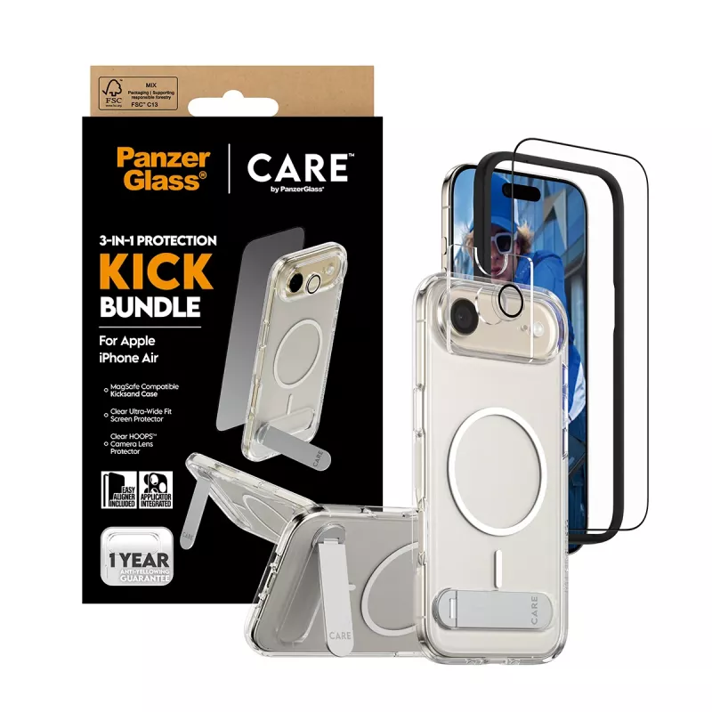 Schutz-Bundle PanzerGlass CARE 3-in-1 Feature Kick für iPhone Air — gehärtetes Glas, PET, Silikon, transparent
