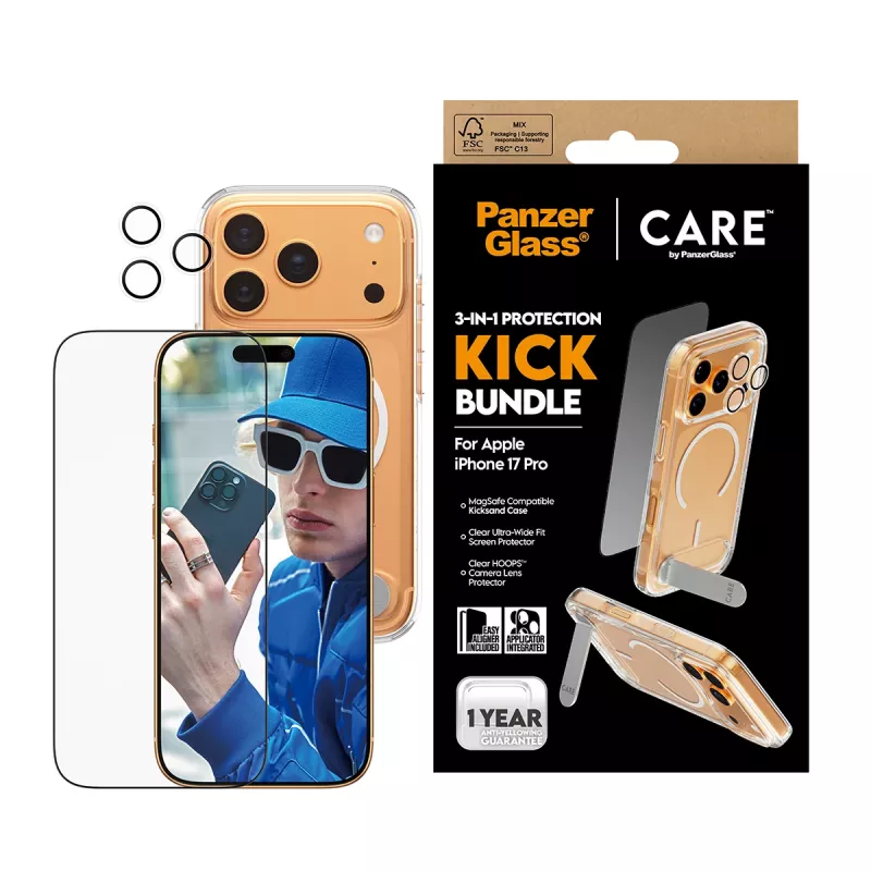 Schutzhülle PanzerGlass CARE Feature Kick 3w1 für iPhone 17 Pro mit Glas-Kameraabdeckung
