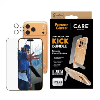 Bildschirmschutz- und Hüllen-Bundle PanzerGlass CARE 3-in-1 Feature Kick für iPhone 17 Pro Max — gehärtetes Glas, PET, Silikon, transparent