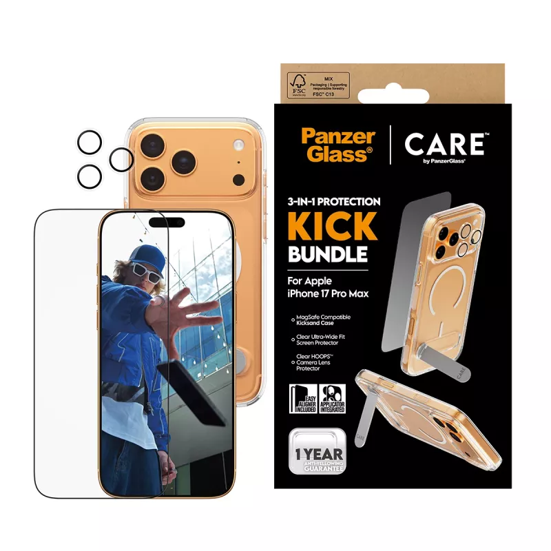 Bildschirmschutz- und Hüllen-Bundle PanzerGlass CARE 3-in-1 Feature Kick für iPhone 17 Pro Max — gehärtetes Glas, PET, Silikon, transparent