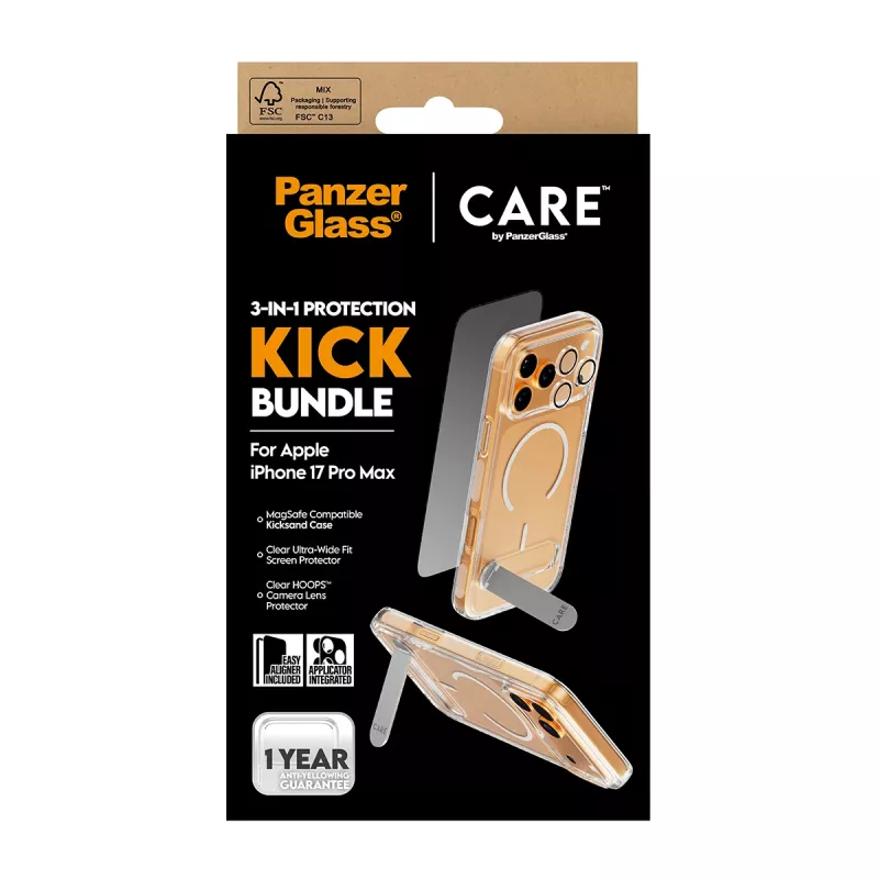 Bildschirmschutz- und Hüllen-Bundle PanzerGlass CARE 3-in-1 Feature Kick für iPhone 17 Pro Max — gehärtetes Glas, PET, Silikon, transparent