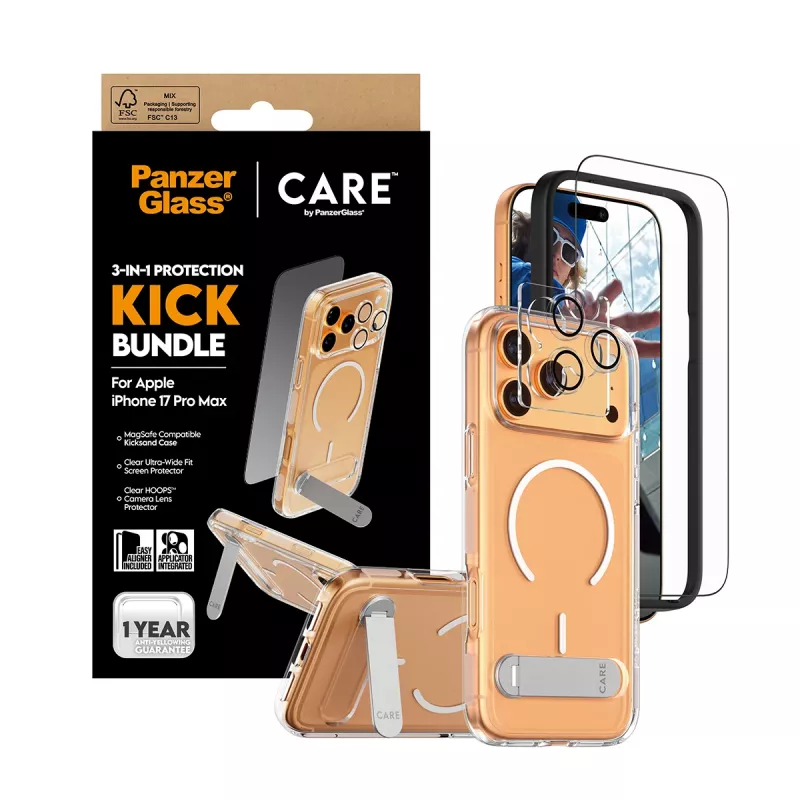 Bildschirmschutz- und Hüllen-Bundle PanzerGlass CARE 3-in-1 Feature Kick für iPhone 17 Pro Max — gehärtetes Glas, PET, Silikon, transparent