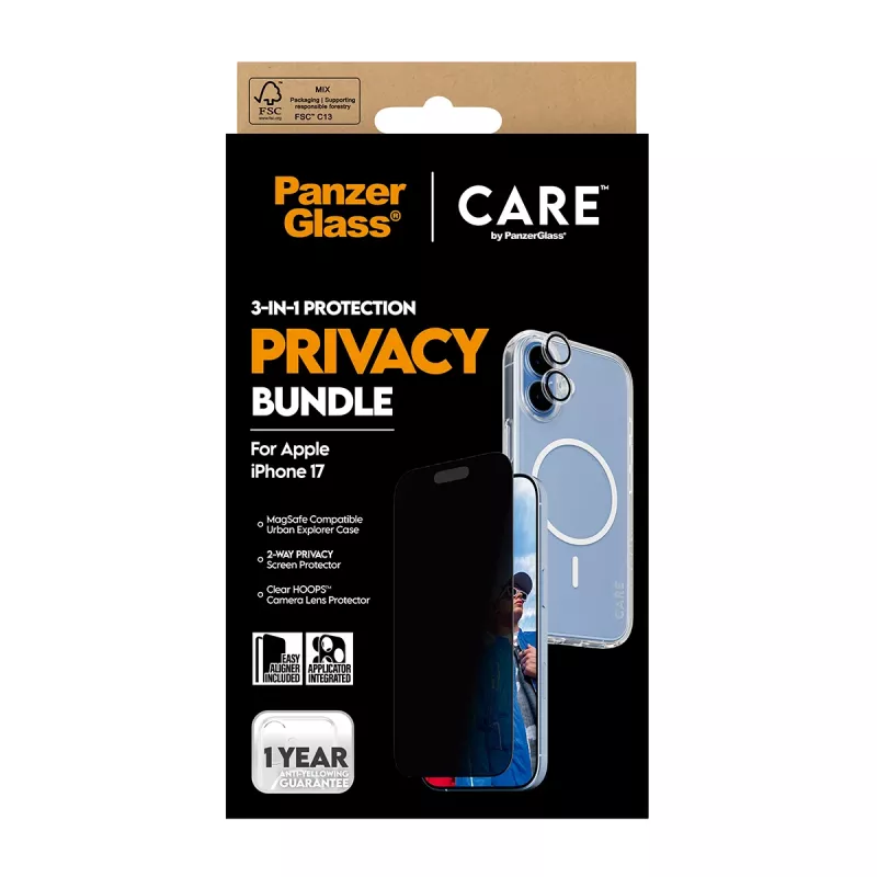 Schutzhülle PanzerGlass Case CARE für iPhone 17 mit Sichtschutz, 3-in-1-Funktionalität