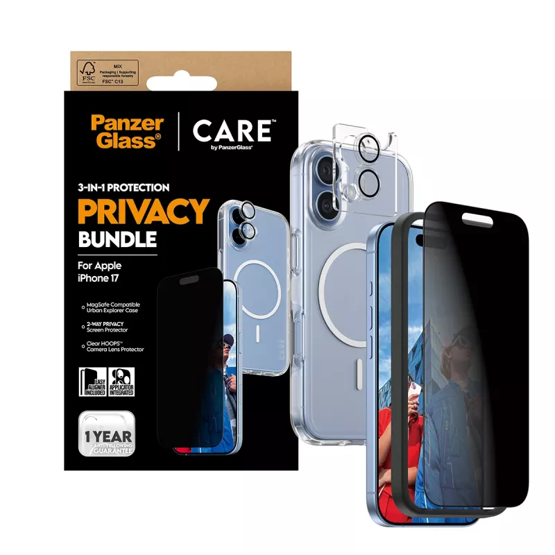 Schutzhülle PanzerGlass Case CARE für iPhone 17 mit Sichtschutz, 3-in-1-Funktionalität