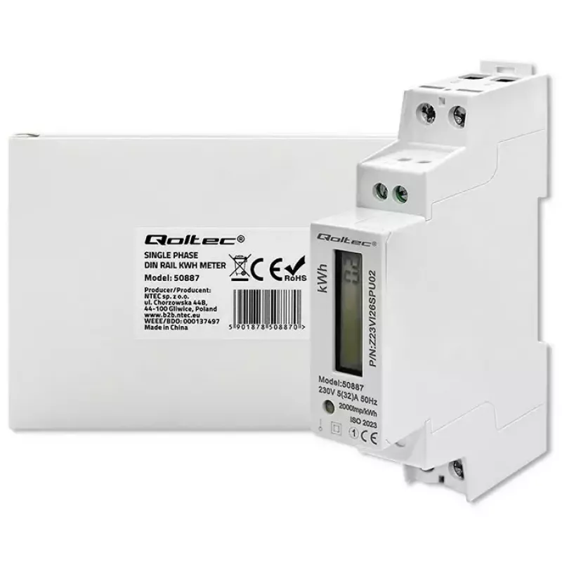 Einphasiger Stromzähler QOLTEC 50887 1-phasig 230V LCD schlank