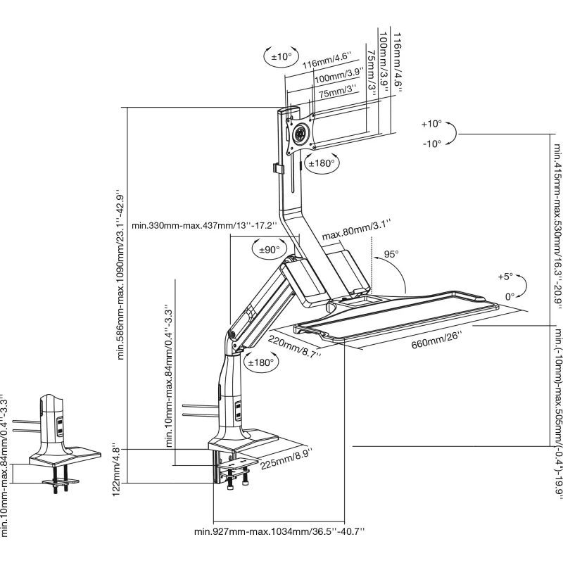 InLine Workstation Tischhalterung mit Lift, beweglich, bis 81cm (32 Zoll) / 9kg
