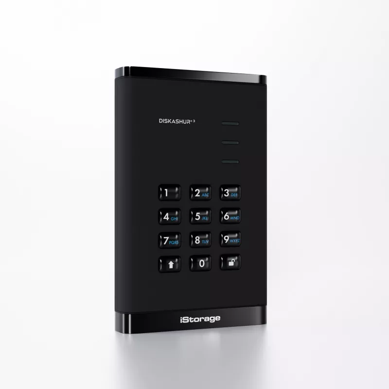 iStorage diskAshur³ 2TB Schwarz | Sichere tragbare Festplatte | | FIPS 140-3 Level 3 konform | Common Criteria EAL 5+ | PIN-geschützt | AES-XTS 256-Bit-Hardware-Verschlüsselung | DSGVO, TAA-konform | Staub-/Wasserbeständig |