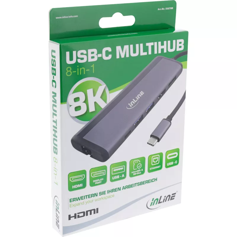 InLine 8-in-1 USB-C Multihub, HDMI, DP, USB 3.2, PD 3.0 100W, MST