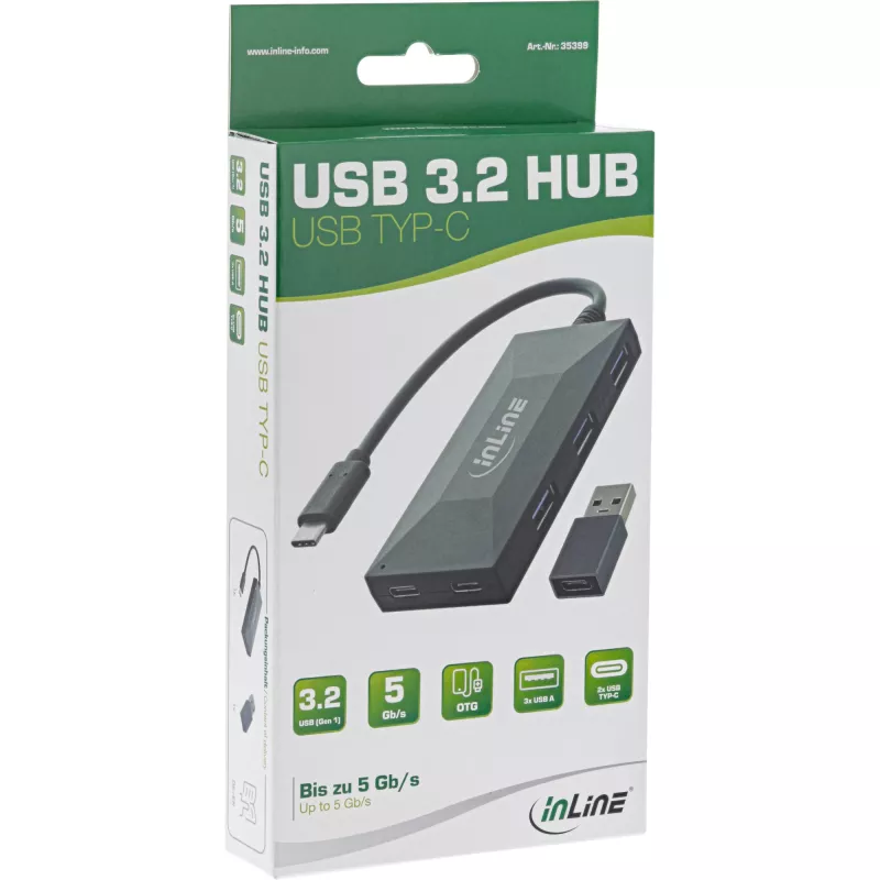 InLine USB 3.2 Gen.1 Hub, USB-C auf 2 Ports USB-C und 3 Ports USB-A, ohne Netzteil