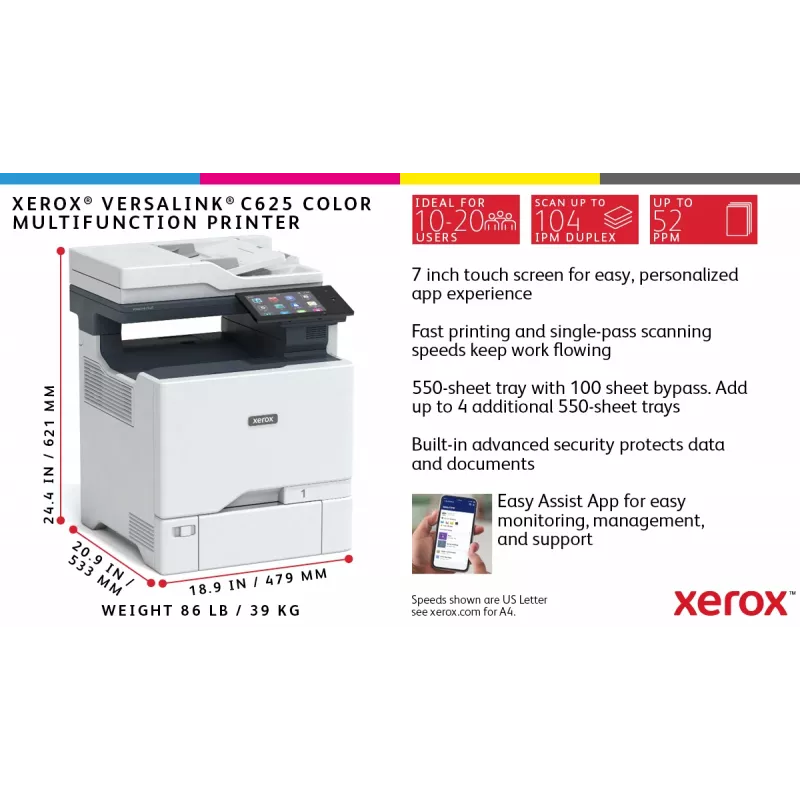 Xerox VersaLink C625 A4 50ppm Duplex Kopieren/Drucken/Scannen/Fax PS3 PCL5e/6 2 Papierfächer 650 Blatt
