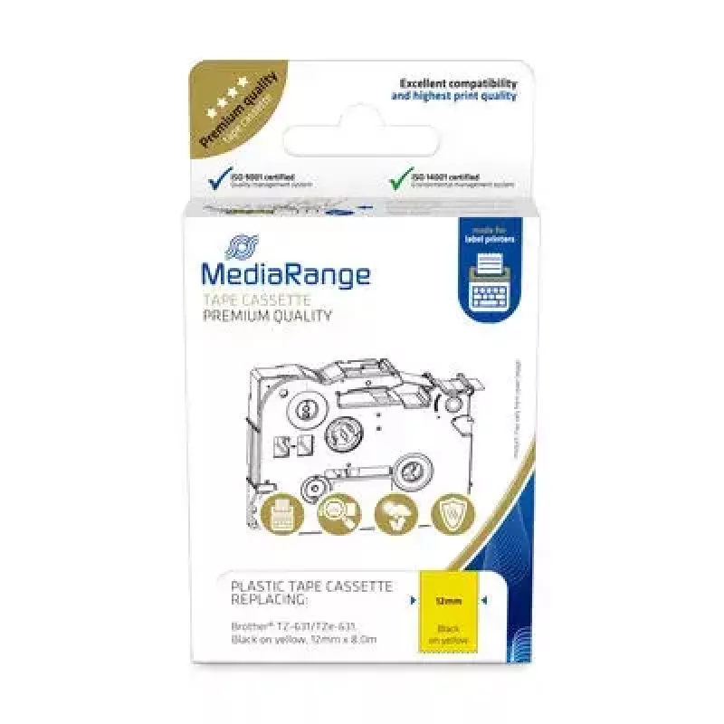 Plastikbandkassette MediaRange TZ-631 12 mm schwarz auf gelb