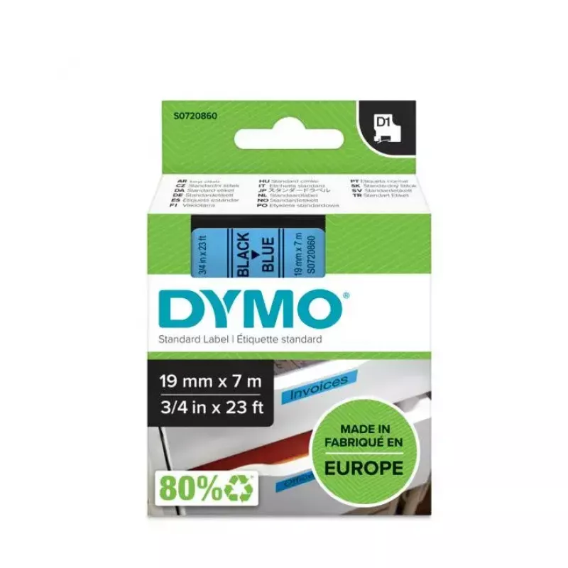 DYMO Authentic D1 Labels | Schwarzer Druck auf blauem Band | 19 mm x 7 m | Selbstklebende Etiketten für LabelManager Etikettendrucker | Hergestellt in Europa