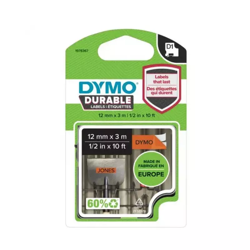 DYMO Authentic D1 Langlebige Etiketten | Schwarzer Druck auf orangefarbenem Band | 12 mm x 3 m | Hochleistungs-Etikettenband für LabelManager Etikettendrucker