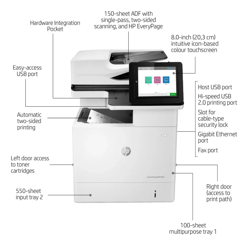HP LaserJet Enterprise MFP M635h, Laser, Monodruck, 1200 x 1200 DPI, Monokopieren, A4, Schwarz, Weiß