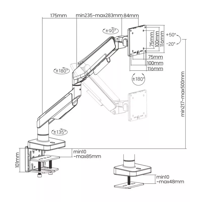 Monitorhalterung ROLINE 17031108 124,5 cm 20 kg Klemme Schwarz Grau