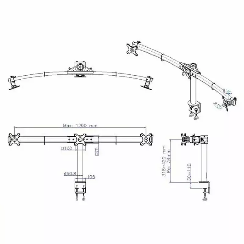 VALUE Triple LCD Arm Tischklemme schwarz — 3-Bildschirm-Monitorhalterung, verstellbar