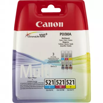 Canon CLI-521 C/M/Y Farbtintenpatronen-Multipack, Cyan, Magenta, Gelb, Pigmenttinte, 3 Stück