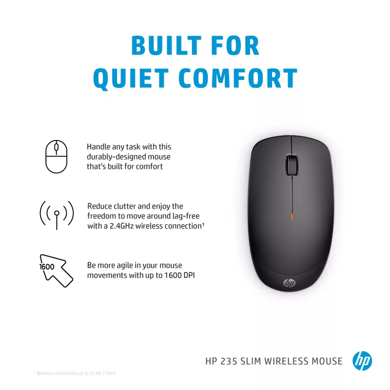 HP 235 schlank Wireless Maus, beidhändig, optisch, RF Wireless, 1600 DPI, Schwarz