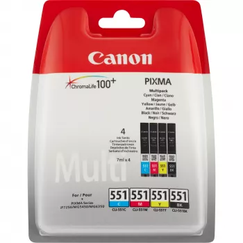 Canon CLI-551 BK/C/M/Y Tintenpatronen-Multipack, Standard-Reichweite, Schwarz, Cyan, Magenta, Gelb, 4 Stück, Multipack
