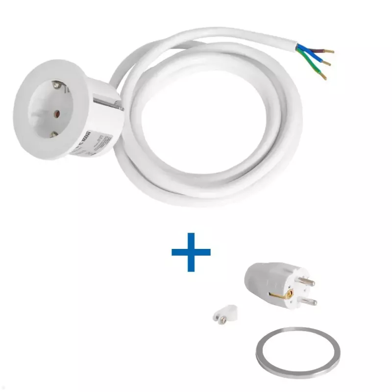 Einbau-Tischsteckdose Bachmann PIX mit 2 m Netzkabel, weiß, Ø 6,8 cm, Höhe 50 mm