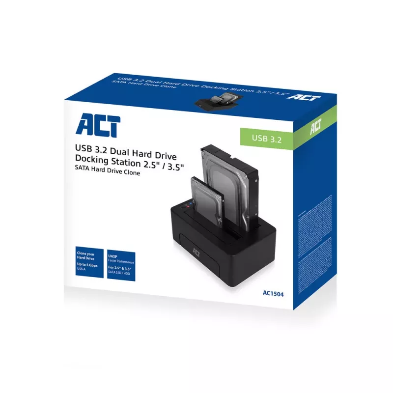 ACT 2,5 Zoll und 3,5 Zoll SATA Dual-HDD/SSD-Dockingstation, USB 3.2 Gen1