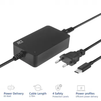 ACT USB-C Laptop-Ladegerät mit Power Delivery-Profilen 65 W, Laptop, Innenbereich, 100–240 V, 50/60 Hz, 65 W, 5–20 V