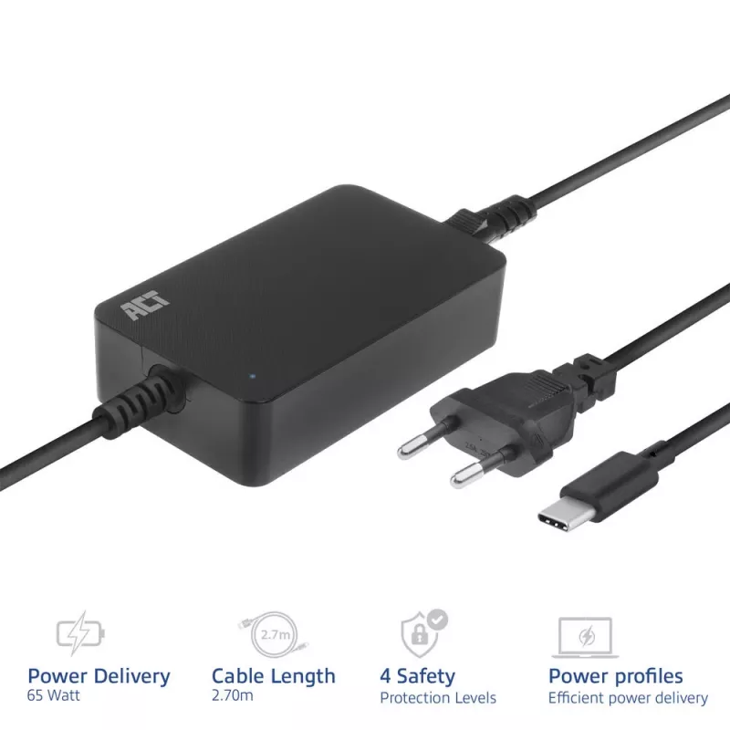 ACT USB-C Laptop-Ladegerät mit Power Delivery-Profilen 65 W, Laptop, Innenbereich, 100–240 V, 50/60 Hz, 65 W, 5–20 V