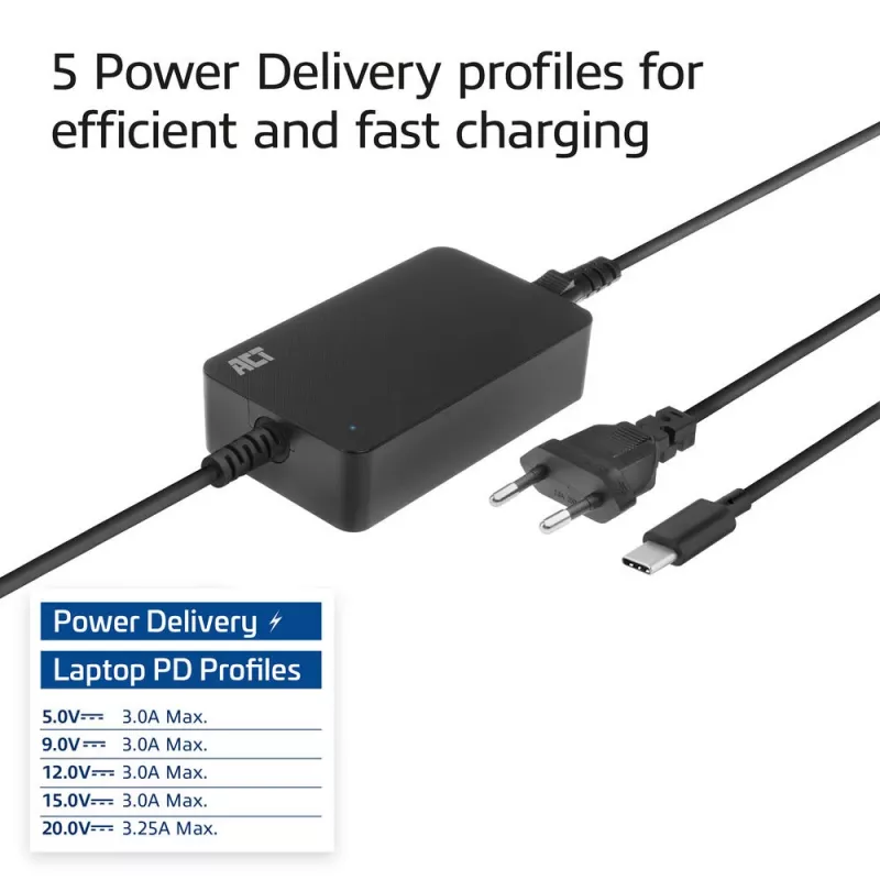ACT USB-C Laptop-Ladegerät mit Power Delivery-Profilen 65 W, Laptop, Innenbereich, 100–240 V, 50/60 Hz, 65 W, 5–20 V