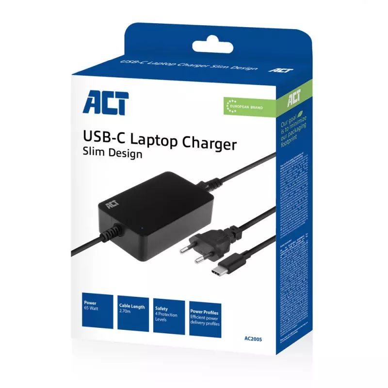 ACT USB-C Laptop-Ladegerät mit Power Delivery-Profilen 65 W, Laptop, Innenbereich, 100–240 V, 50/60 Hz, 65 W, 5–20 V