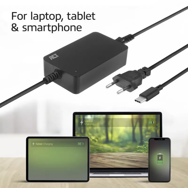 ACT USB-C Laptop-Ladegerät mit Power Delivery-Profilen 65 W, Laptop, Innenbereich, 100–240 V, 50/60 Hz, 65 W, 5–20 V