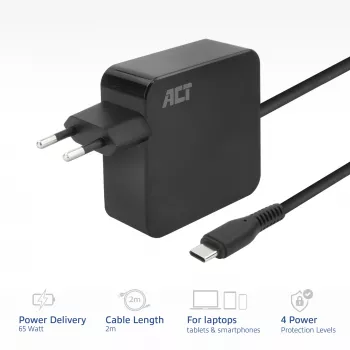 ACT USB-C Laptop-Netzteil 65W mit Power-Delivery-Profilen, 2 Meter