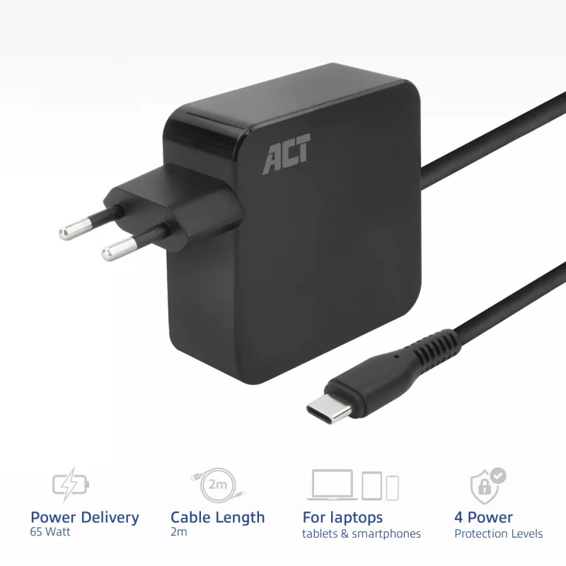 ACT USB-C Laptop-Netzteil 65W mit Power-Delivery-Profilen, 2 Meter