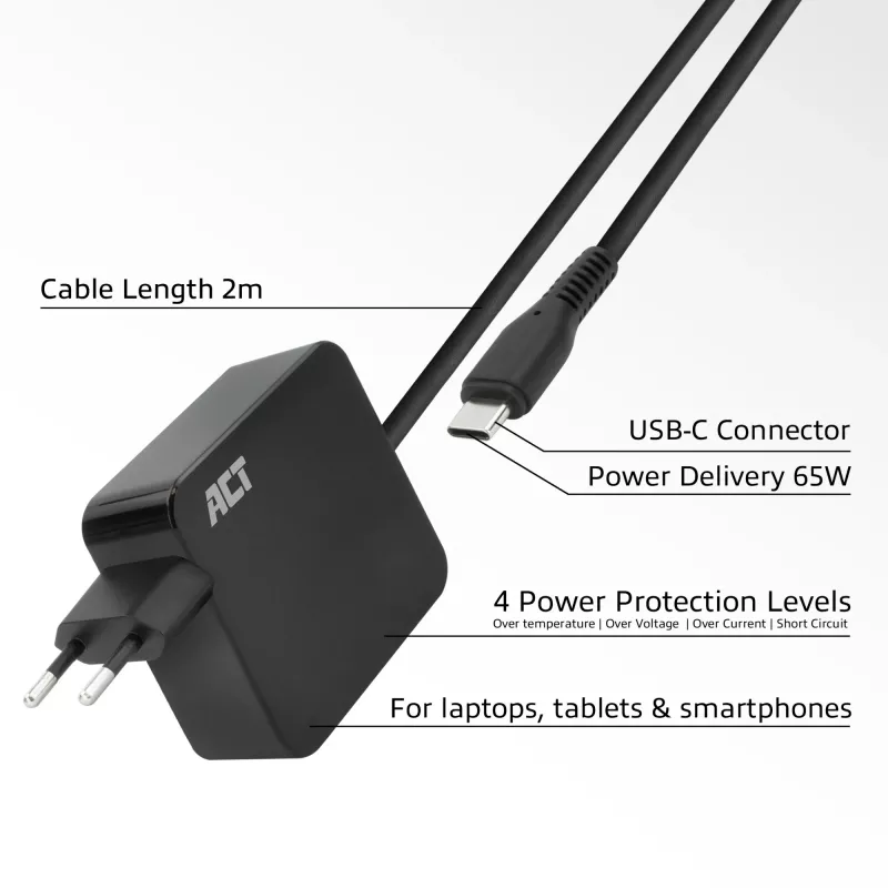 ACT USB-C Laptop-Netzteil 65W mit Power-Delivery-Profilen, 2 Meter