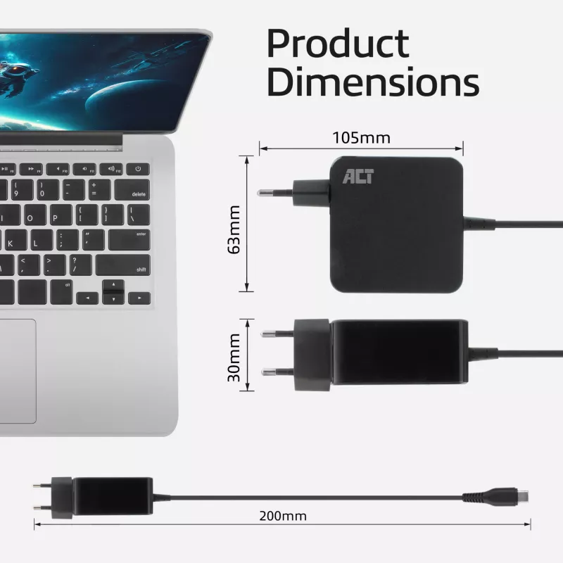 ACT USB-C Laptop-Netzteil 65W mit Power-Delivery-Profilen, 2 Meter