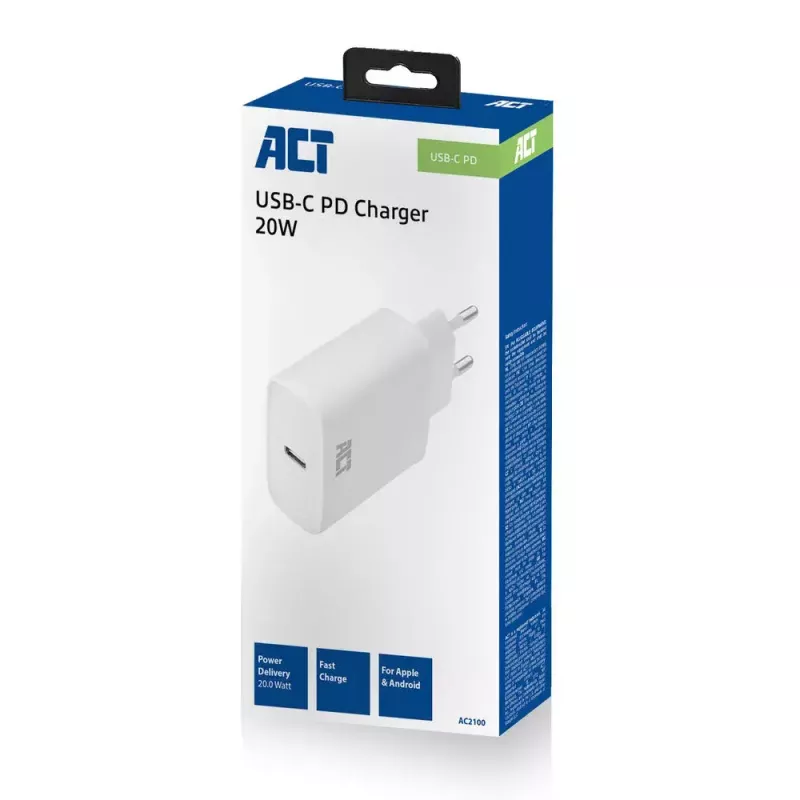 ACT Kompakter USB-C-Ladeadapter 20W Schnellladung Innenbereich Universal Weiß
