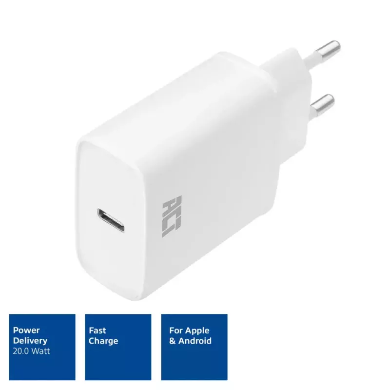 ACT Kompakter USB-C-Ladeadapter 20W Schnellladung Innenbereich Universal Weiß