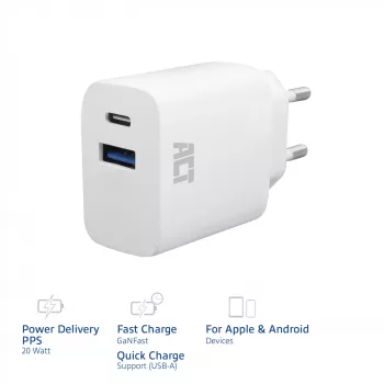 ACT USB-C & USB-A Ladegerät 20 W mit Power Delivery PPS, Quick Charge, GaNFast