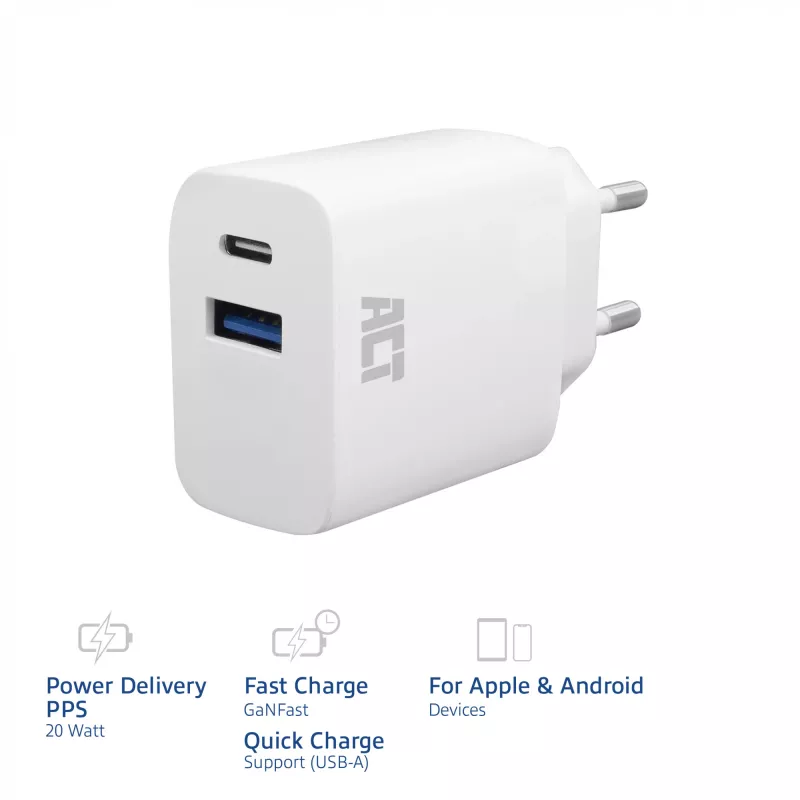 ACT USB-C & USB-A Ladegerät 20 W mit Power Delivery PPS, Quick Charge, GaNFast